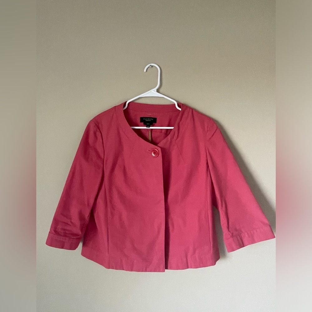 Talbots one-button blazer in pink rose coral cotton canvas with 3/4 sleeves sz12